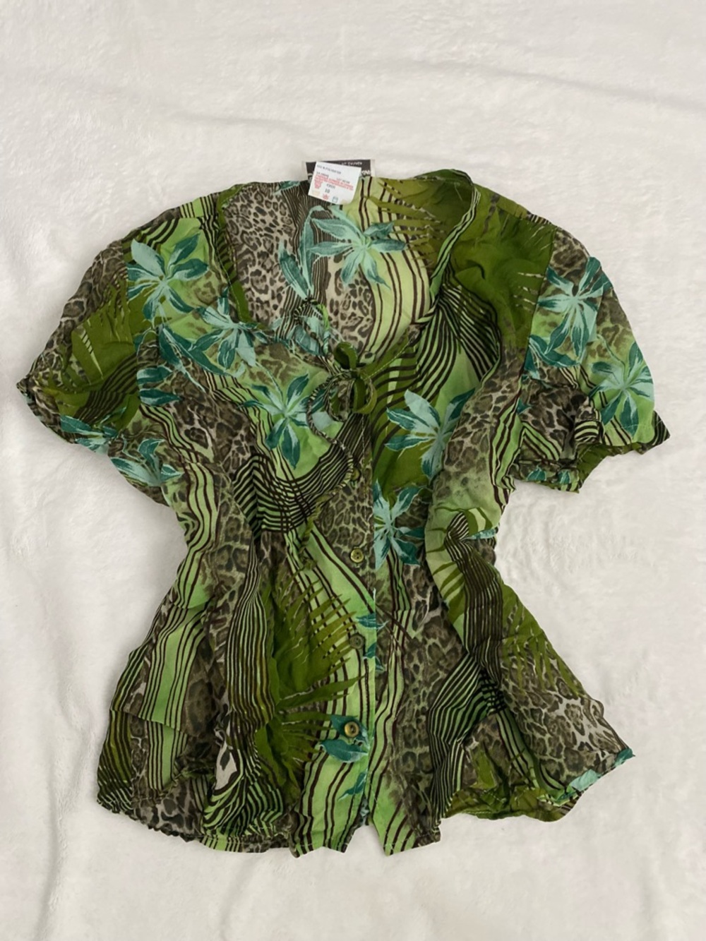 Y2K Report Collection Green Tropical Print Button-Front Blouse